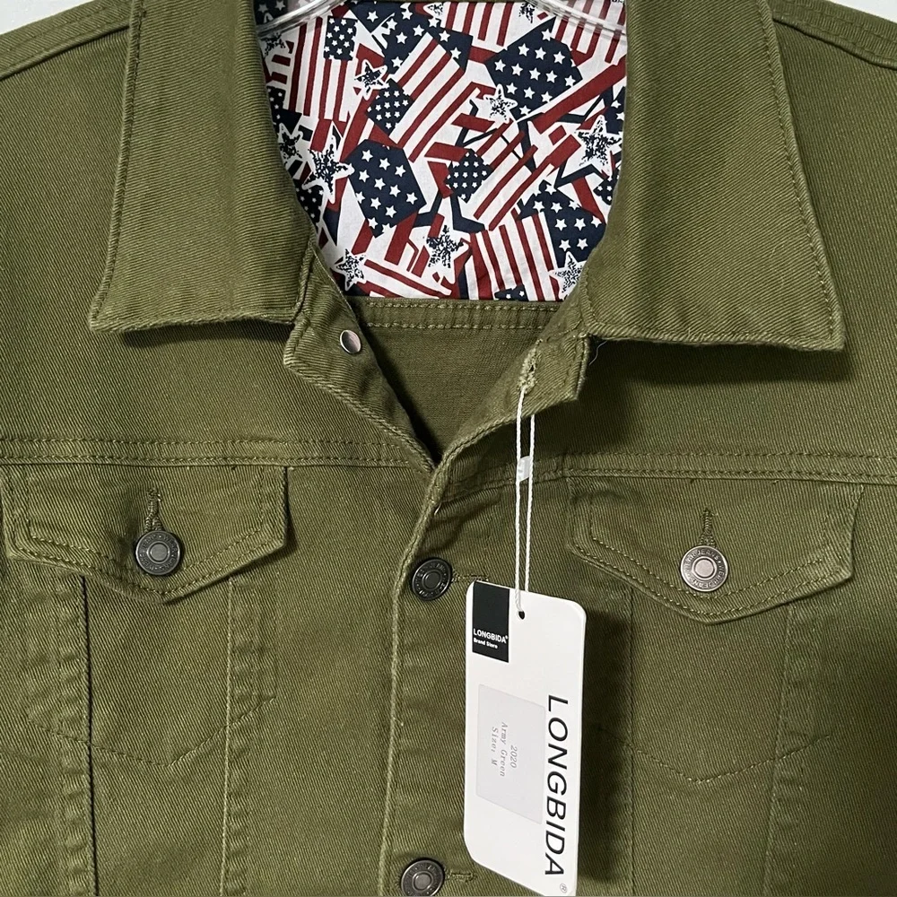 Longbida Casual Classic army green Denim cotton blend slim-fit Trucker Jacket